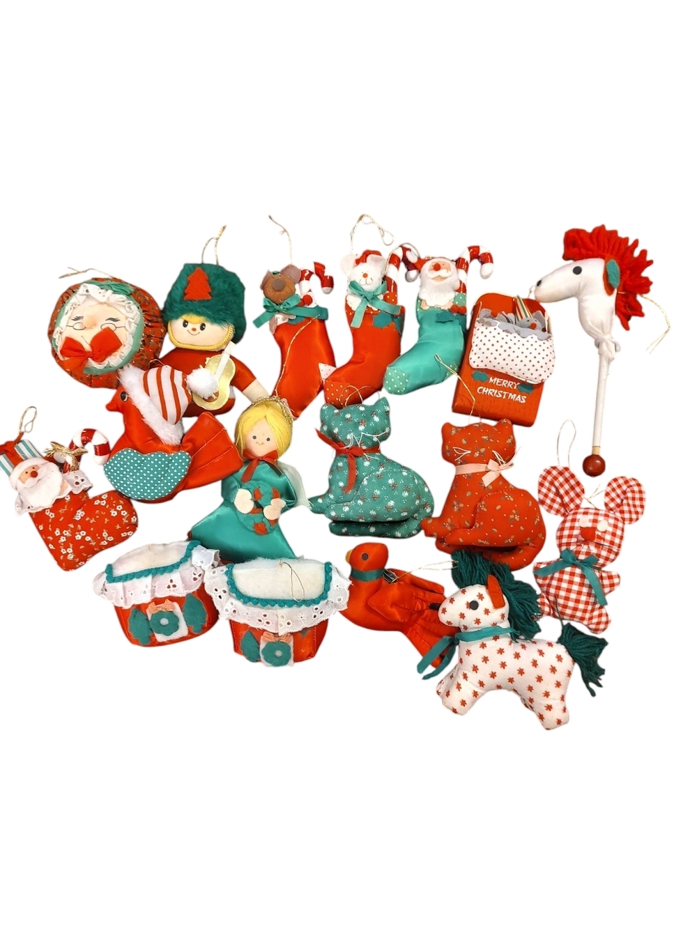 Vintage 80s Fabric Patchwork Russ Cloth Christmas Ornaments Lot Of 17